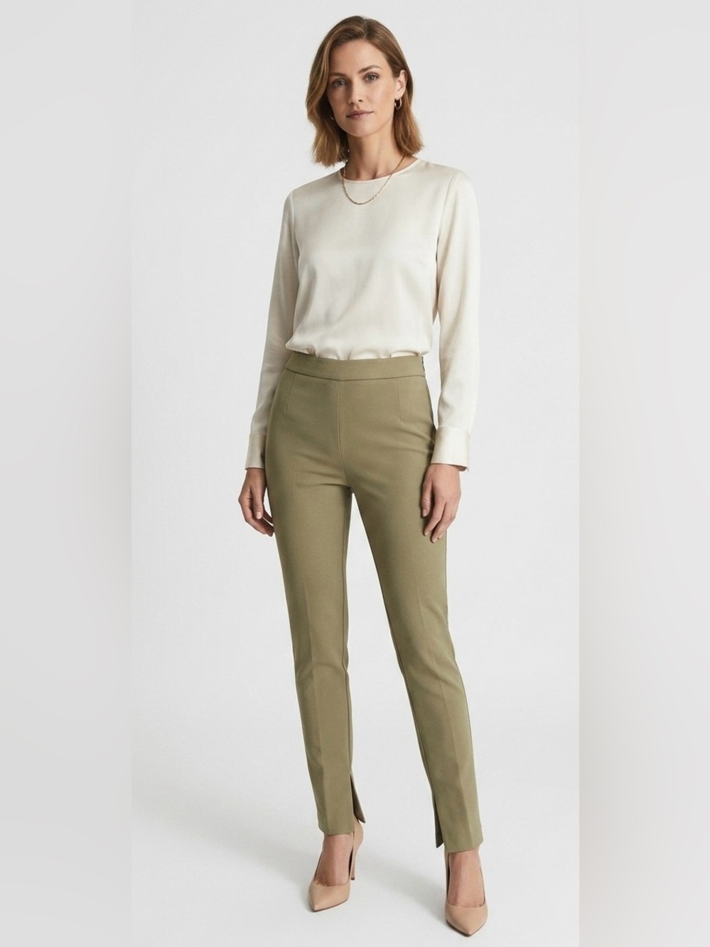 Reiss‎ Khaki Greenish High Rise Slim Split Hem Tailored Trousers Pants Size